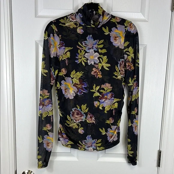 Cinq a sept Bridgette shirred mesh floral turtleneck top sz lg - Picture 7 of 15